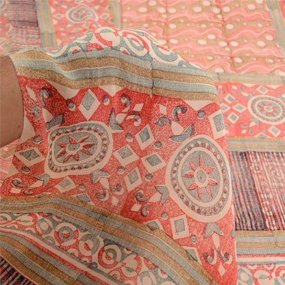 Sanskriti Vintage Sarees Indian Red Pure Crepe Silk Printed Sari Craft Sustainable Fabric