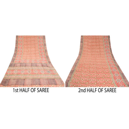 Sanskriti Vintage Sarees Indian Red Pure Crepe Silk Printed Sari Craft Sustainable Fabric