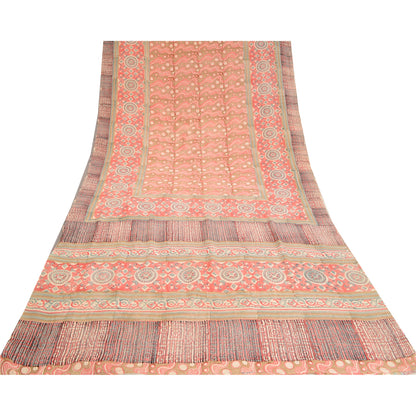 Sanskriti Vintage Sarees Indian Red Pure Crepe Silk Printed Sari Craft Sustainable Fabric