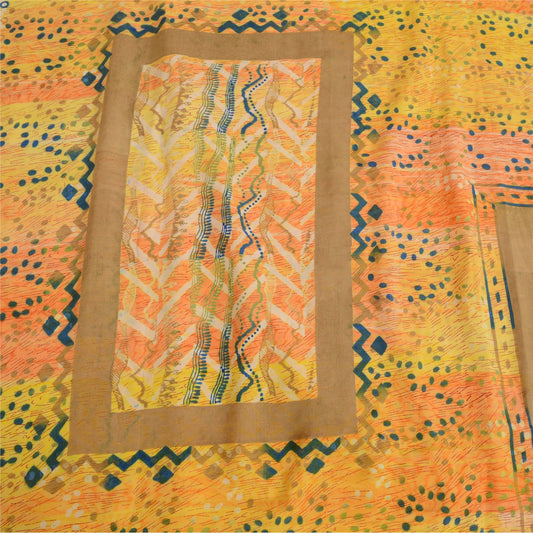 Sanskriti Vintage Sarees Orange/Yellow Pure Crepe Silk Printed Sari Craft Sustainable Fabric