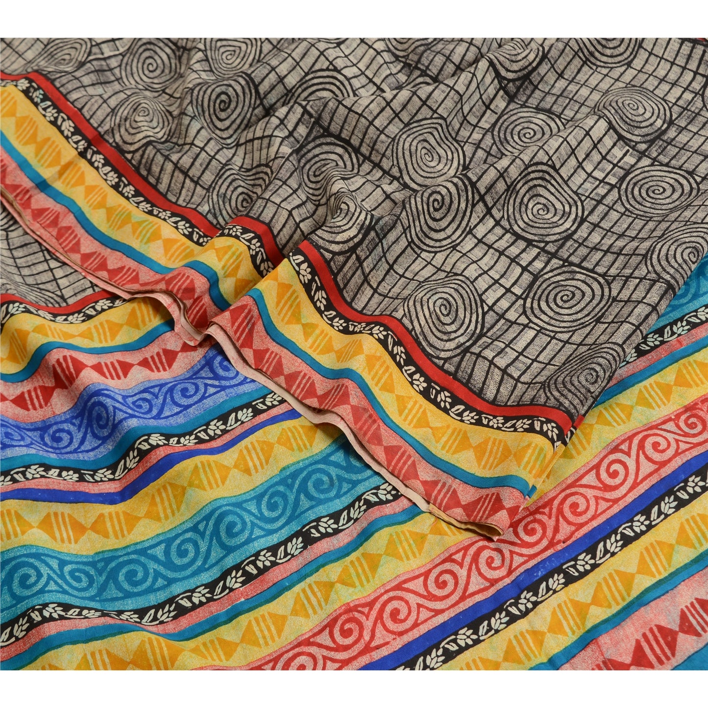 Sanskriti Vintage Sarees Black 100% Pure Crepe Silk Printed Sari Craft Sustainable Fabric