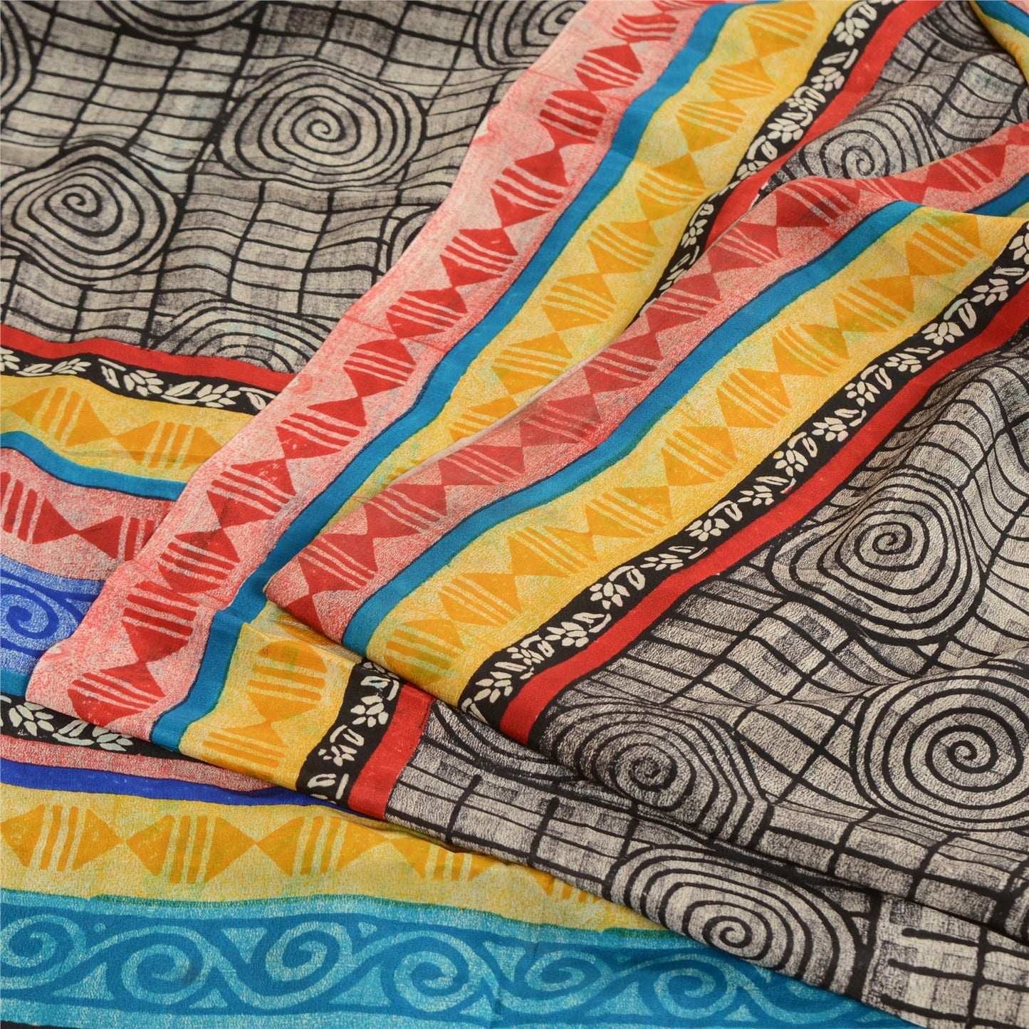 Sanskriti Vintage Sarees Black 100% Pure Crepe Silk Printed Sari Craft Sustainable Fabric