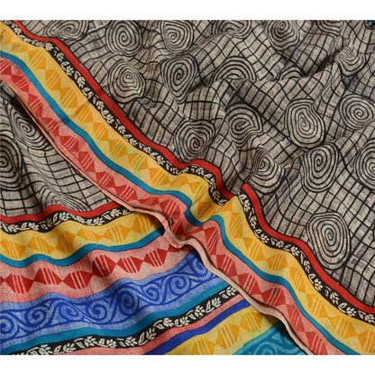 Sanskriti Vintage Sarees Black 100% Pure Crepe Silk Printed Sari Craft Sustainable Fabric