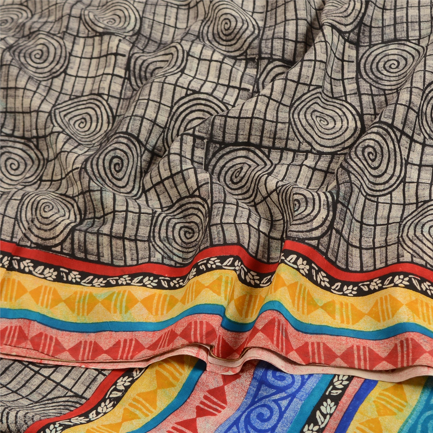 Sanskriti Vintage Sarees Black 100% Pure Crepe Silk Printed Sari Craft Sustainable Fabric