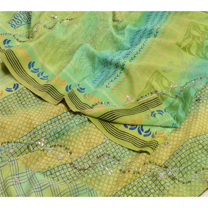 Sanskriti Vintage Sarees Green Hand Bead Pure Crepe Silk Print Sari Craft Sustainable Fabric