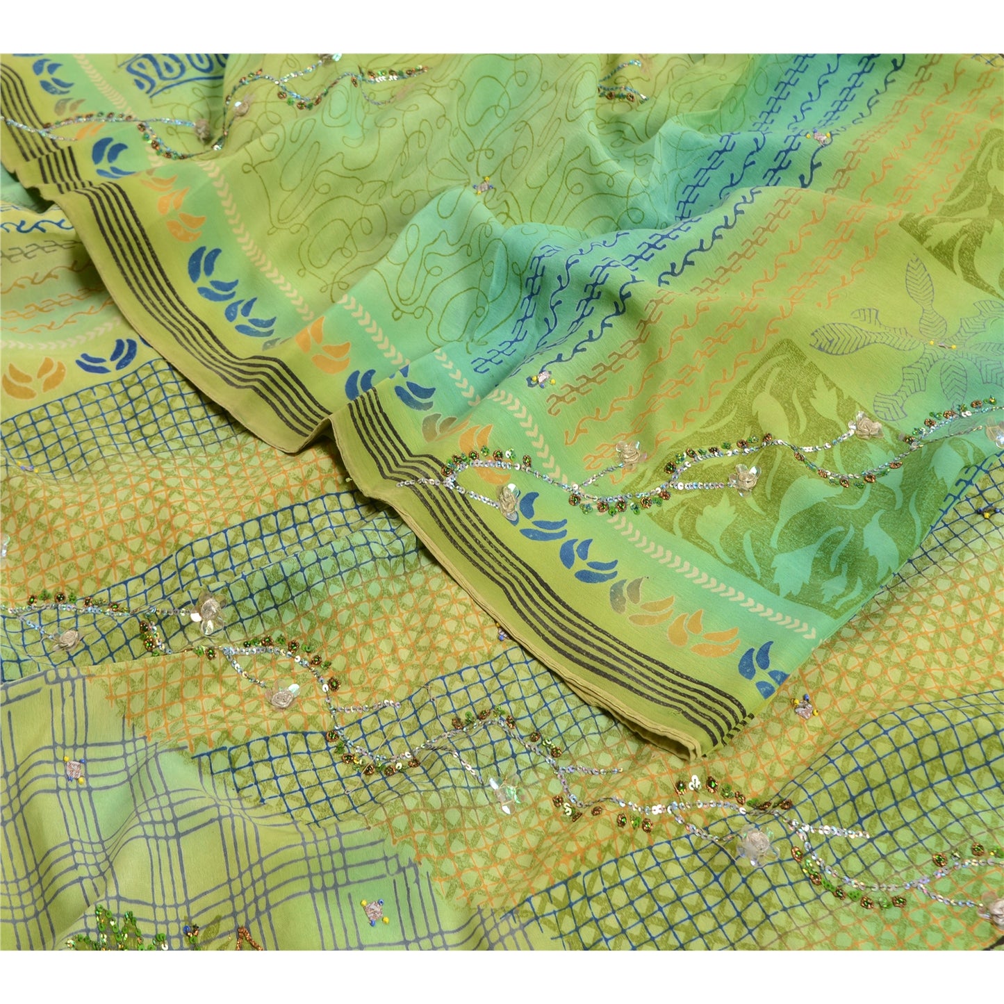 Sanskriti Vintage Sarees Green Hand Bead Pure Crepe Silk Print Sari Craft Sustainable Fabric