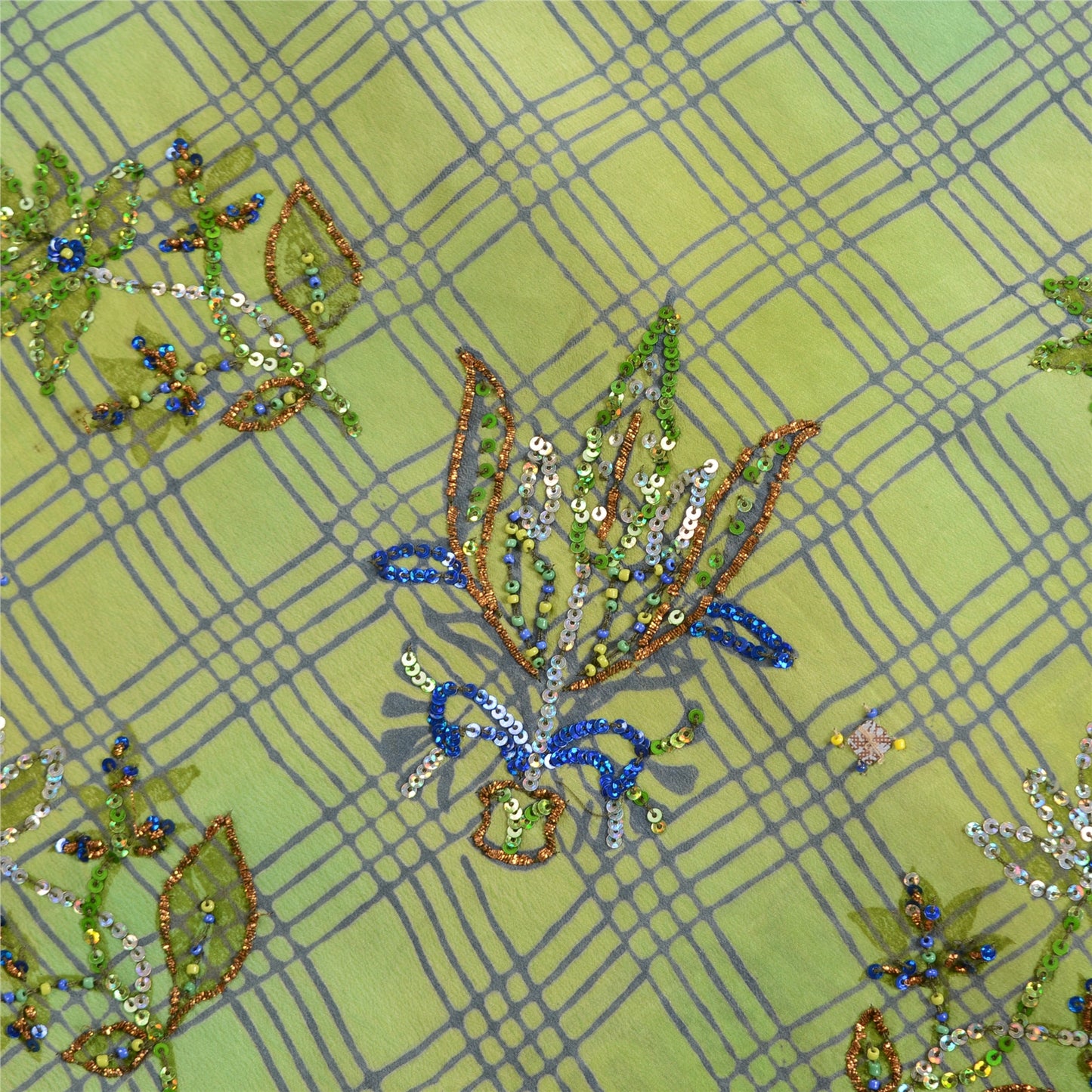 Sanskriti Vintage Sarees Green Hand Bead Pure Crepe Silk Print Sari Craft Sustainable Fabric