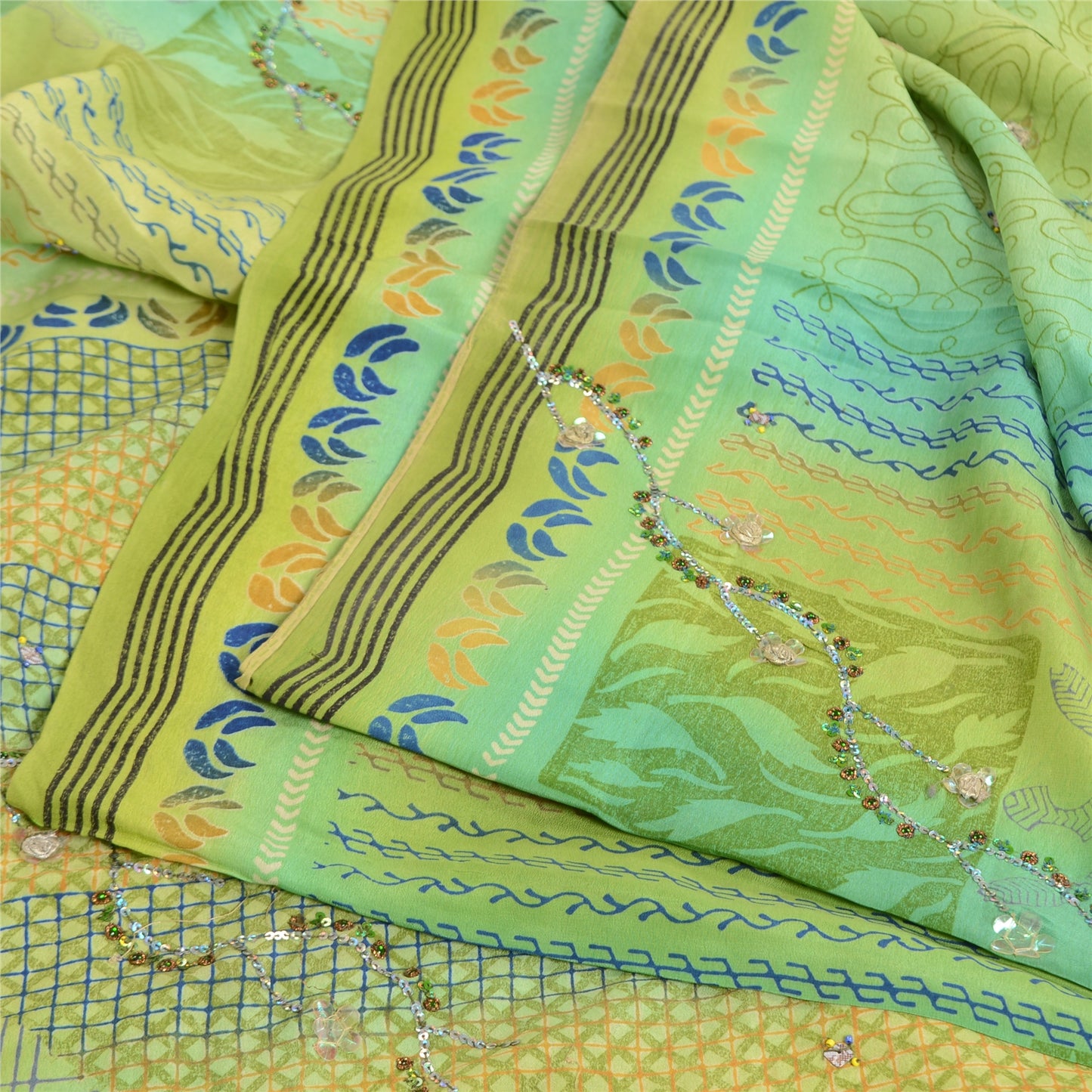 Sanskriti Vintage Sarees Green Hand Bead Pure Crepe Silk Print Sari Craft Sustainable Fabric
