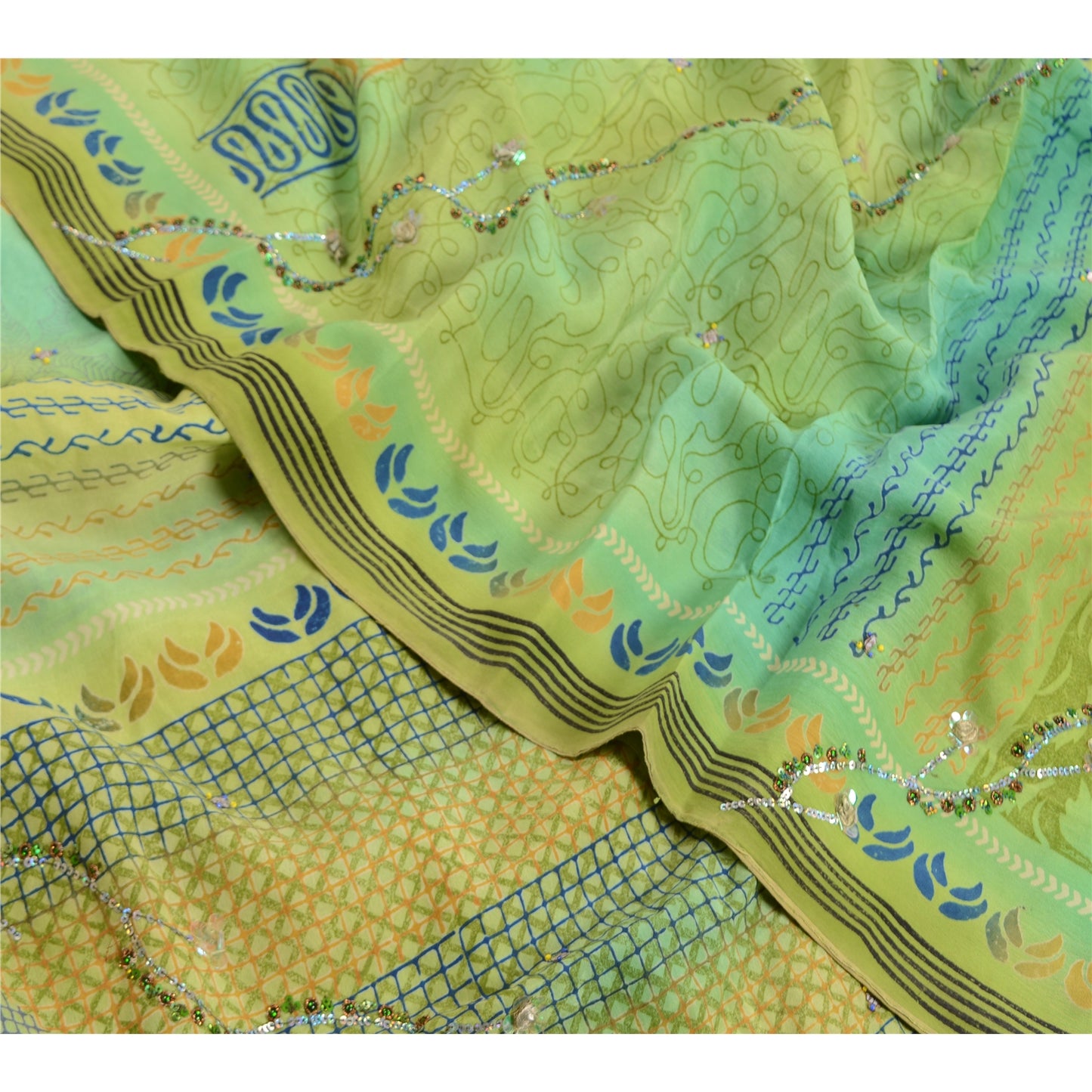 Sanskriti Vintage Sarees Green Hand Bead Pure Crepe Silk Print Sari Craft Sustainable Fabric