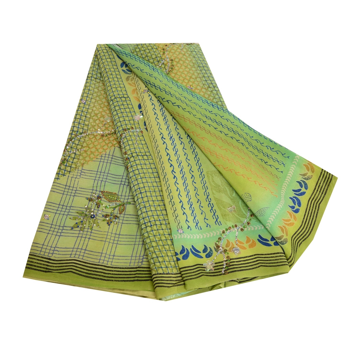 Sanskriti Vintage Sarees Green Hand Bead Pure Crepe Silk Print Sari Craft Sustainable Fabric