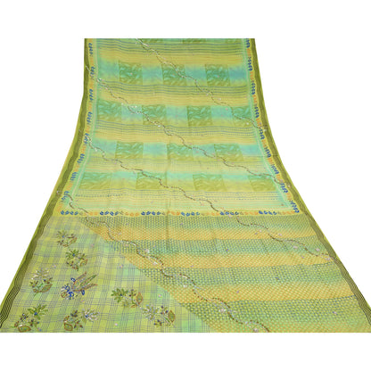Sanskriti Vintage Sarees Green Hand Bead Pure Crepe Silk Print Sari Craft Sustainable Fabric