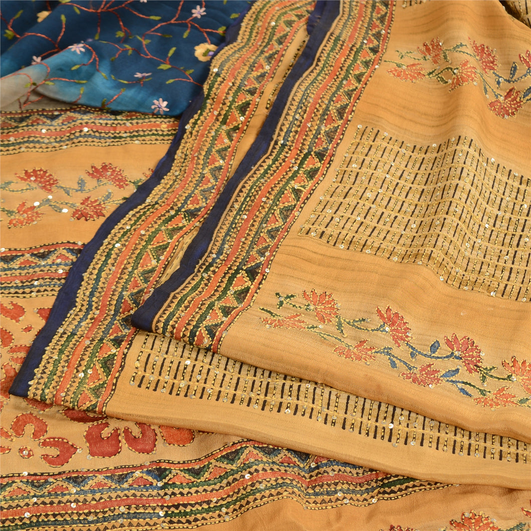 Sanskriti Vintage Sarees Peach HandBead Kantha Pure Crepe Silk Sari Craft Fabric