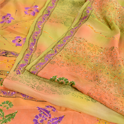 Sanskriti Vintage Sarees Hand Beaded Kantha Pure Crepe Silk Printed Sari Sustainable Fabric