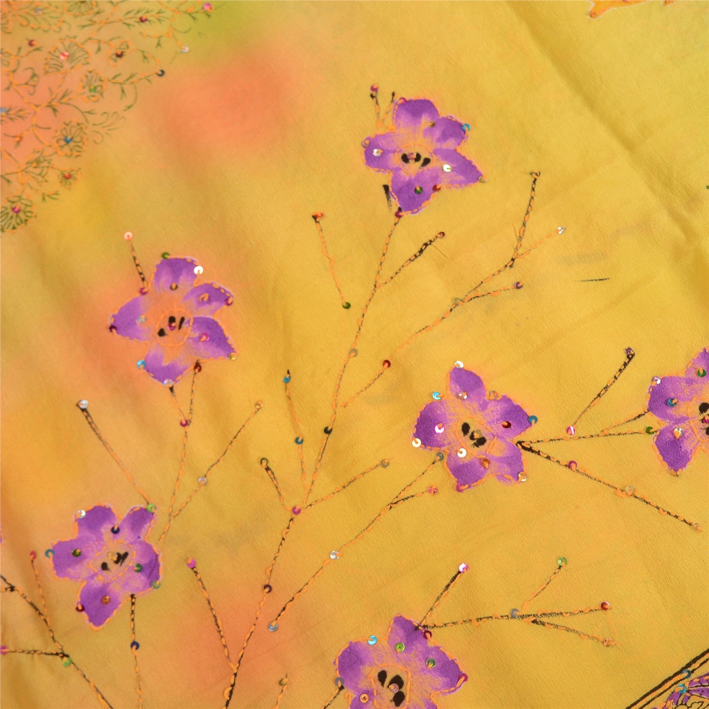 Sanskriti Vintage Sarees Hand Beaded Kantha Pure Crepe Silk Printed Sari Sustainable Fabric