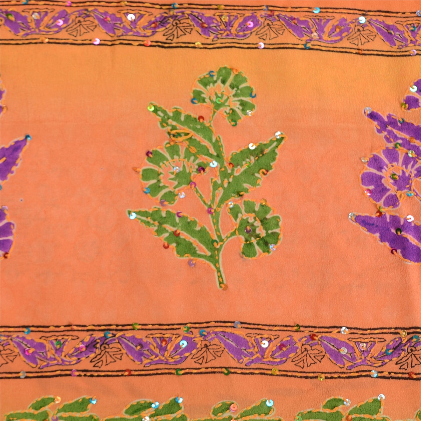 Sanskriti Vintage Sarees Hand Beaded Kantha Pure Crepe Silk Printed Sari Sustainable Fabric