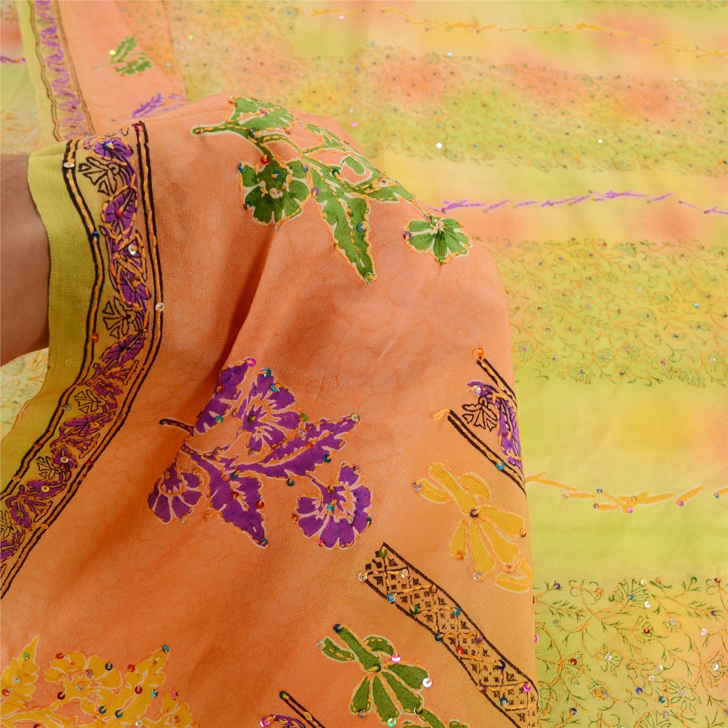Sanskriti Vintage Sarees Hand Beaded Kantha Pure Crepe Silk Printed Sari Sustainable Fabric