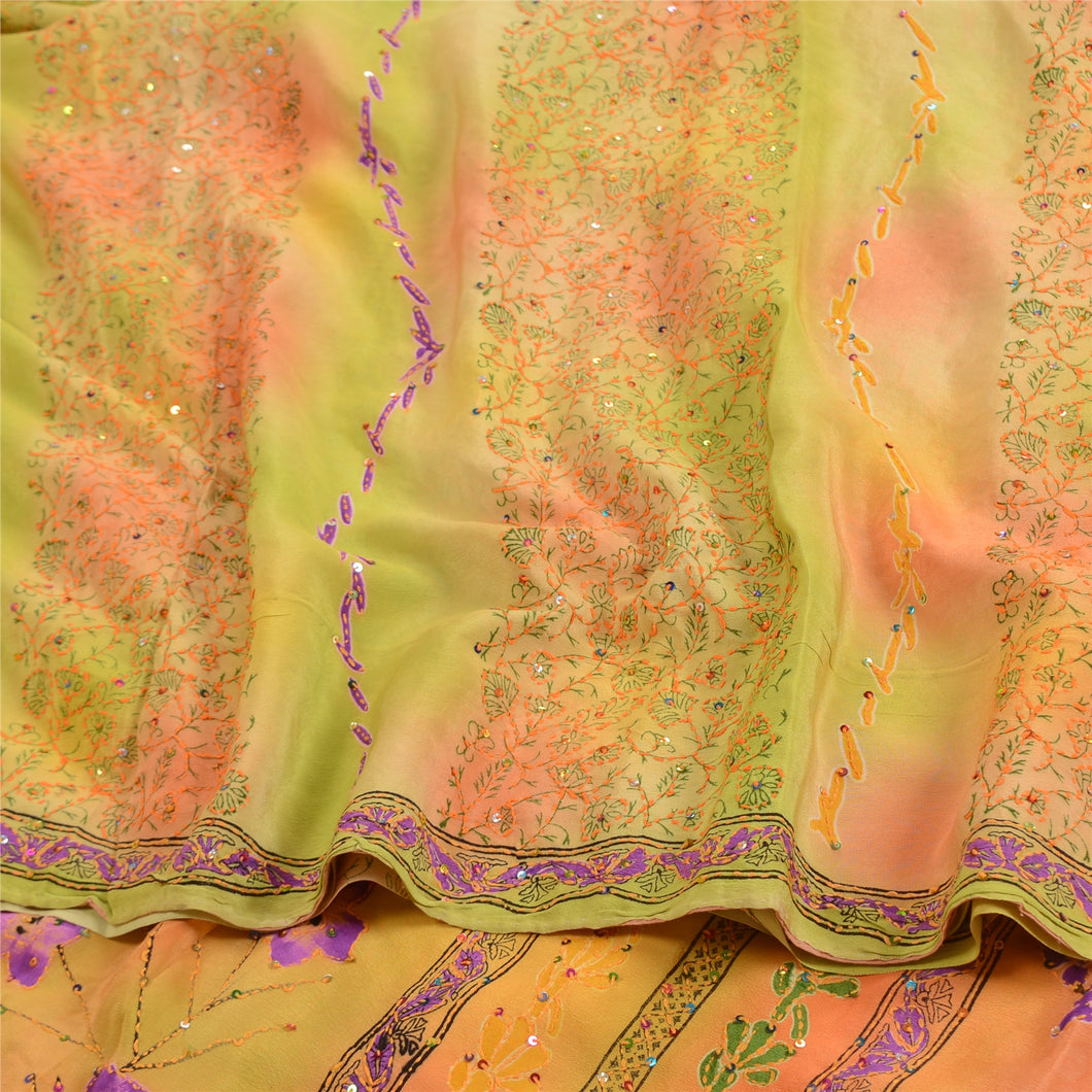Sanskriti Vintage Sarees Hand Beaded Kantha Pure Crepe Silk Printed Sari Fabric
