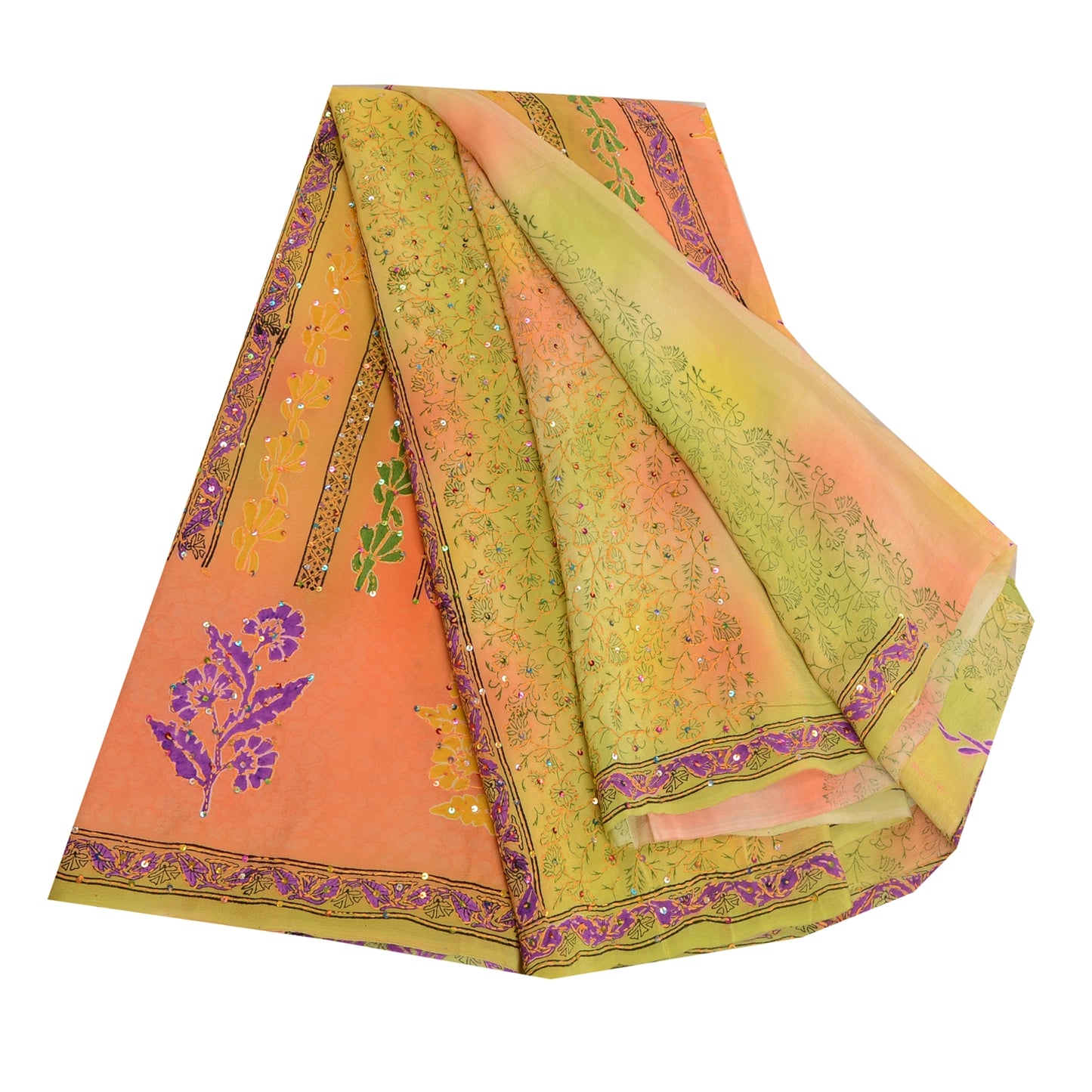 Sanskriti Vintage Sarees Hand Beaded Kantha Pure Crepe Silk Printed Sari Sustainable Fabric