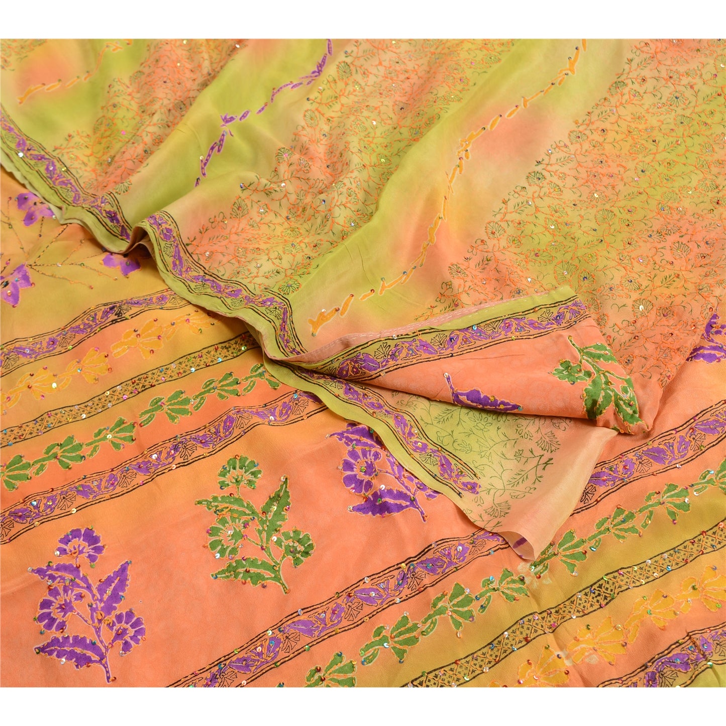 Sanskriti Vintage Sarees Hand Beaded Kantha Pure Crepe Silk Printed Sari Sustainable Fabric