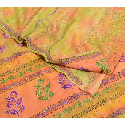 Sanskriti Vintage Sarees Hand Beaded Kantha Pure Crepe Silk Printed Sari Sustainable Fabric