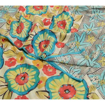 Sanskriti Vintage Sarees Pure Crepe Silk Hand Beaded Printed Sari Craft Sustainable Fabric