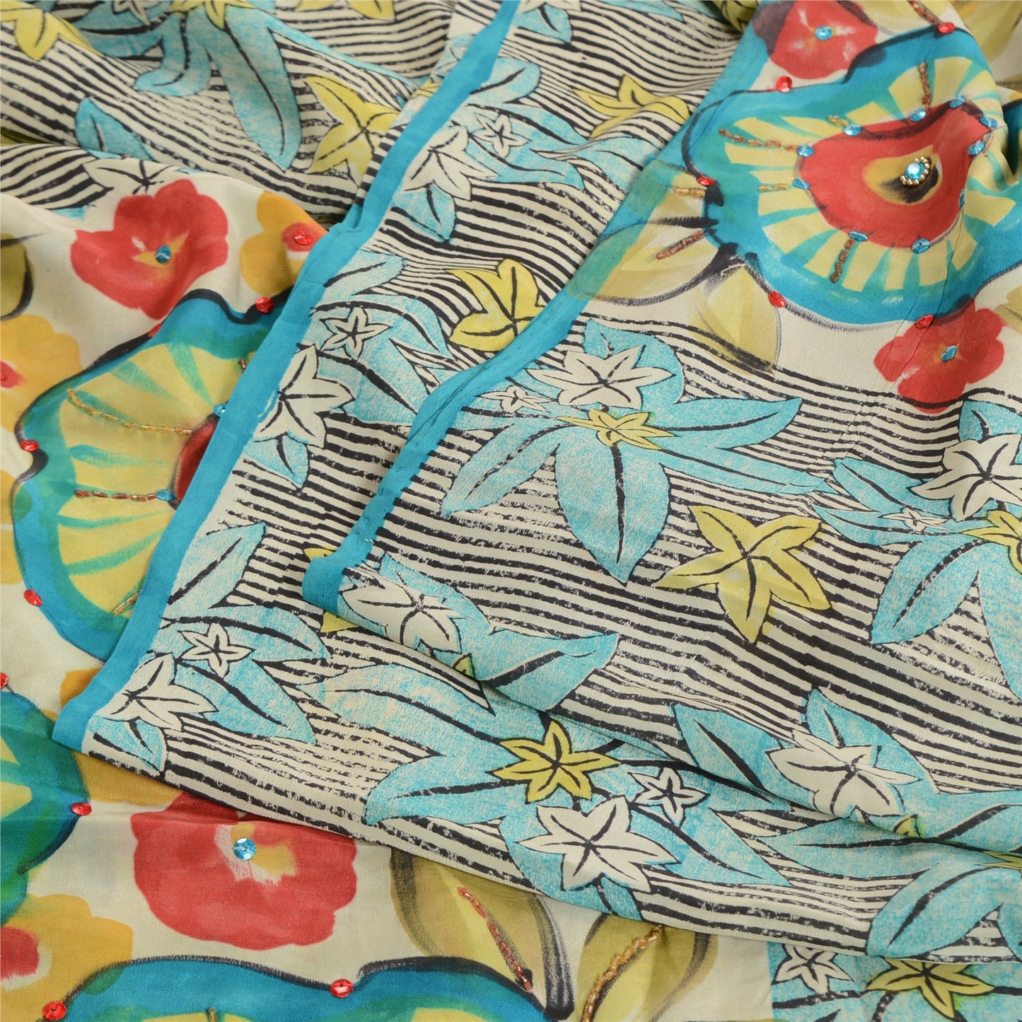 Sanskriti Vintage Sarees Pure Crepe Silk Hand Beaded Printed Sari Craft Sustainable Fabric