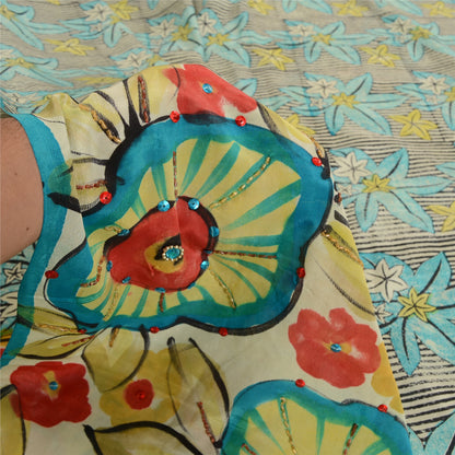 Sanskriti Vintage Sarees Pure Crepe Silk Hand Beaded Printed Sari Craft Sustainable Fabric