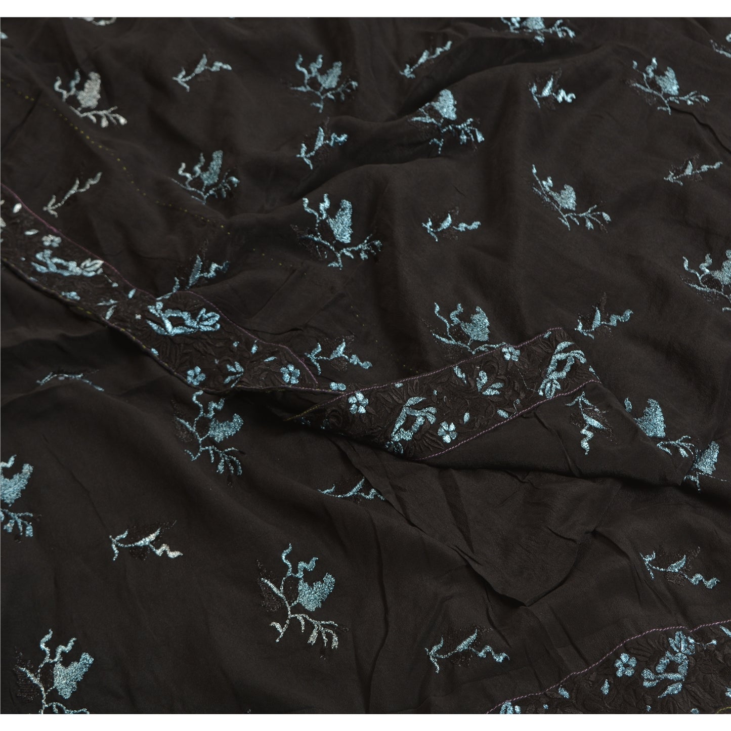 Sanskriti Vintage Black Sarees Pure Crepe Silk Embroidered Sari Craft Sustainable Fabric
