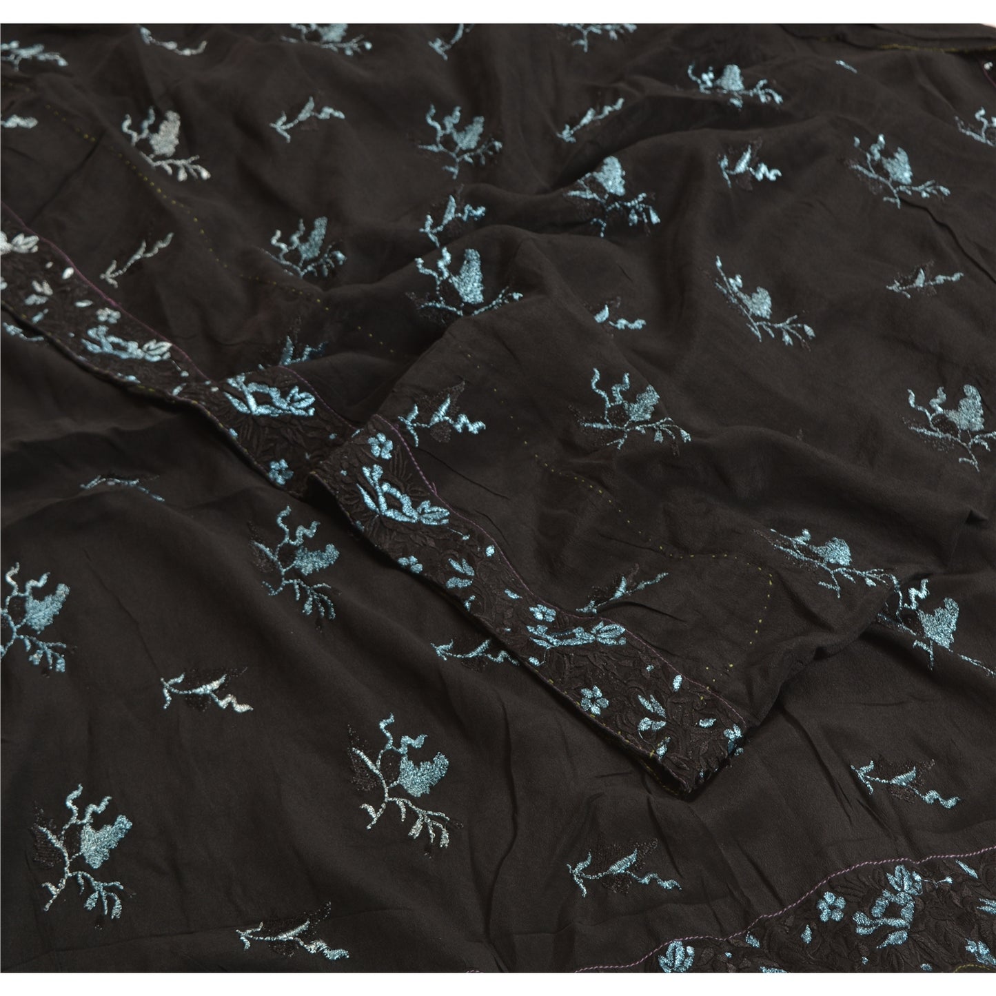 Sanskriti Vintage Black Sarees Pure Crepe Silk Embroidered Sari Craft Sustainable Fabric