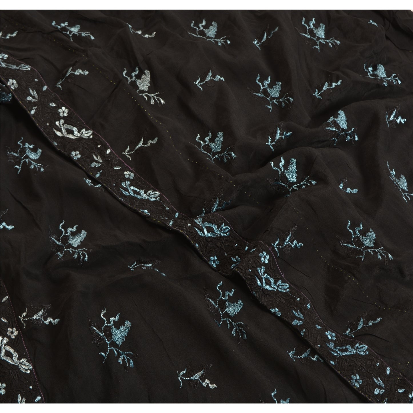 Sanskriti Vintage Black Sarees Pure Crepe Silk Embroidered Sari Craft Sustainable Fabric