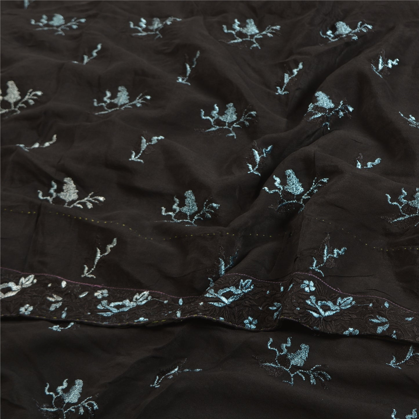 Sanskriti Vintage Black Sarees Pure Crepe Silk Embroidered Sari Craft Sustainable Fabric