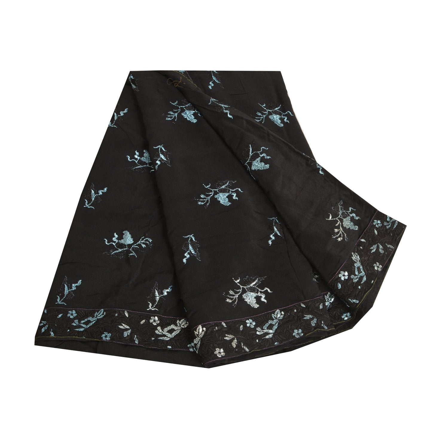 Sanskriti Vintage Black Sarees Pure Crepe Silk Embroidered Sari Craft Sustainable Fabric