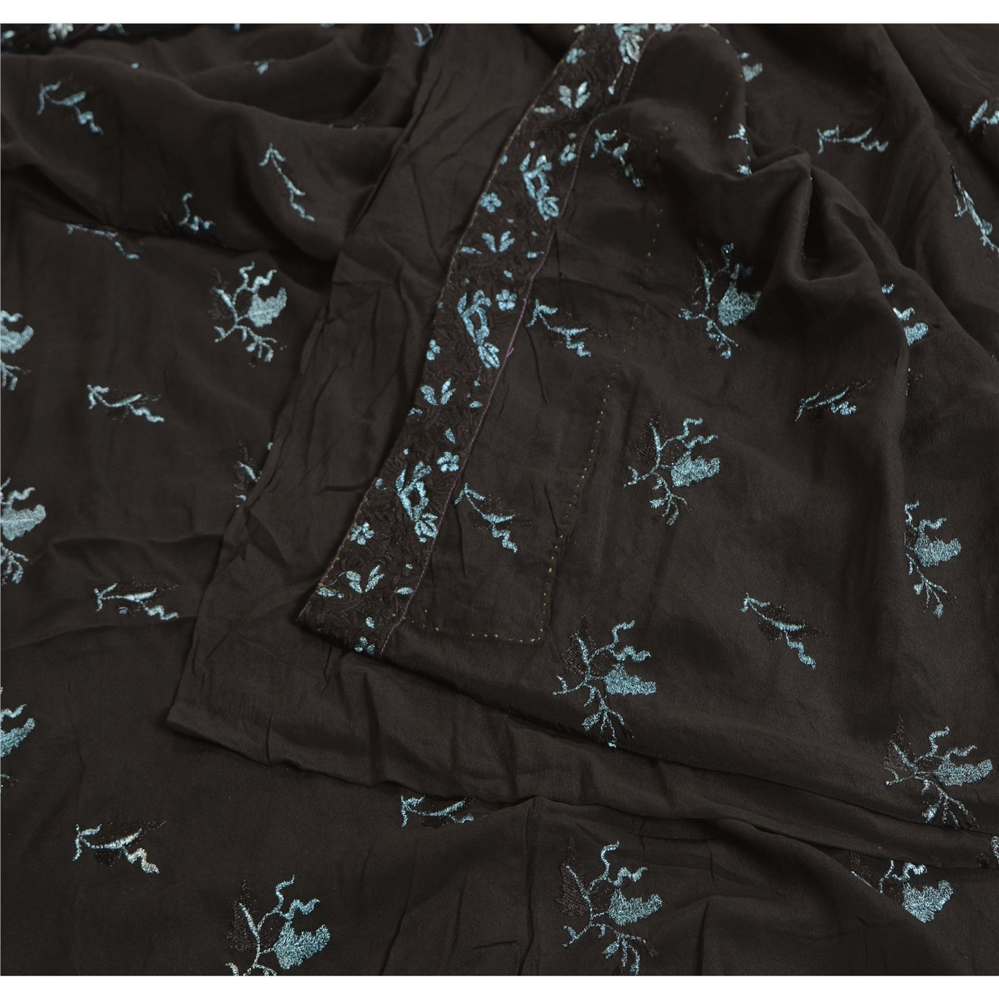 Sanskriti Vintage Black Sarees Pure Crepe Silk Embroidered Sari Craft Sustainable Fabric