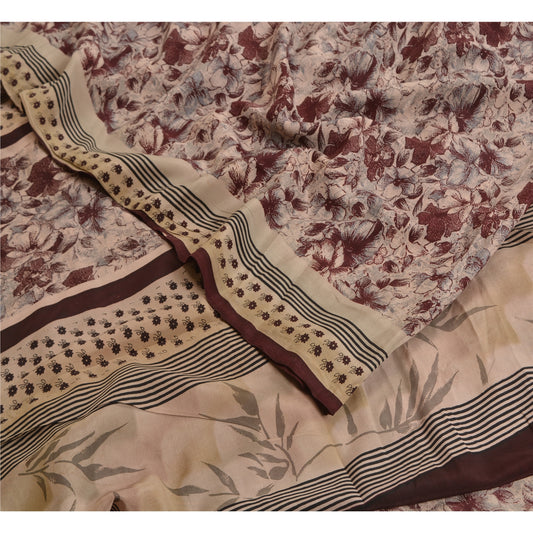 Sanskriti Vintage Sarees Ivory/Wine Pure Crepe Silk Printed Sari Craft Sustainable Fabric
