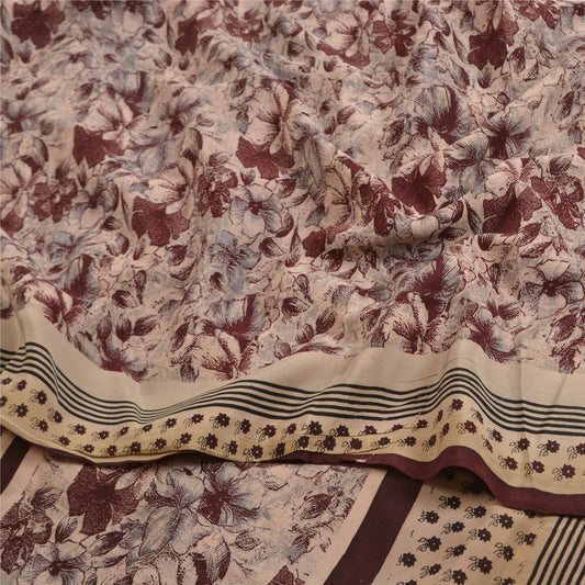 Sanskriti Vintage Sarees Ivory/Wine Pure Crepe Silk Printed Sari Craft Sustainable Fabric