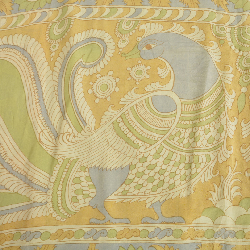 Sanskriti Vintage Sarees Green Kalamkari Print Pure Crepe Silk Sari Craft Fabric