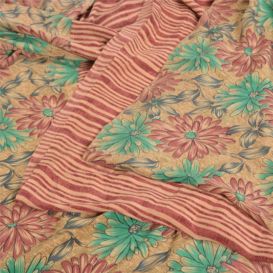 Sanskriti Vintage Sarees Dusty Pink Pure Crepe Silk Printed Sari Craft Sustainable Fabric