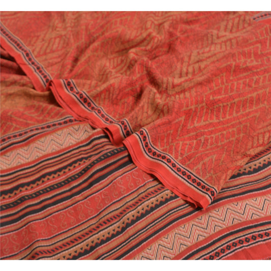 Sanskriti Vintage Sarees Red/Brown Pure Crepe Silk Printed Sari 5yd Craft Sustainable Fabric