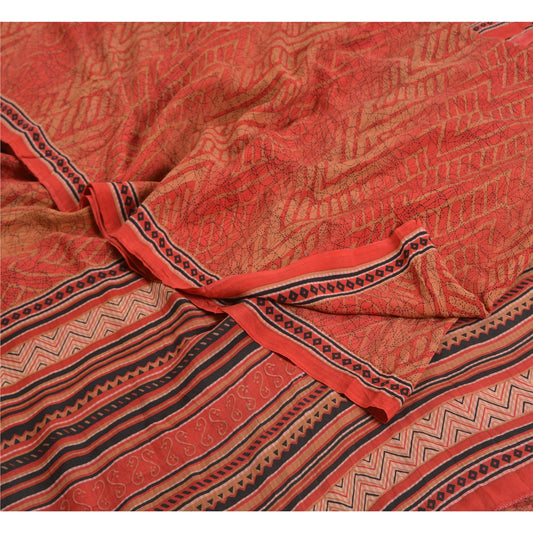 Sanskriti Vintage Sarees Red/Brown Pure Crepe Silk Printed Sari 5yd Craft Sustainable Fabric