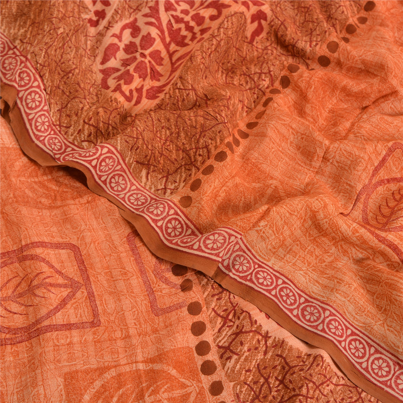 Sanskriti Vintage Sarees Peach Pure Crepe Silk Block Printed Sari Craft Sustainable Fabric