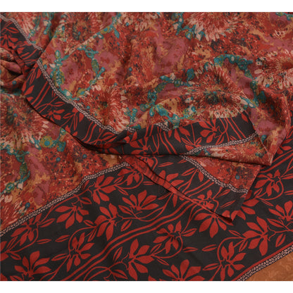 Sanskriti Vintage Sarees Red 100% Pure Crepe Silk Printed Sari Soft Craft Sustainable Fabric