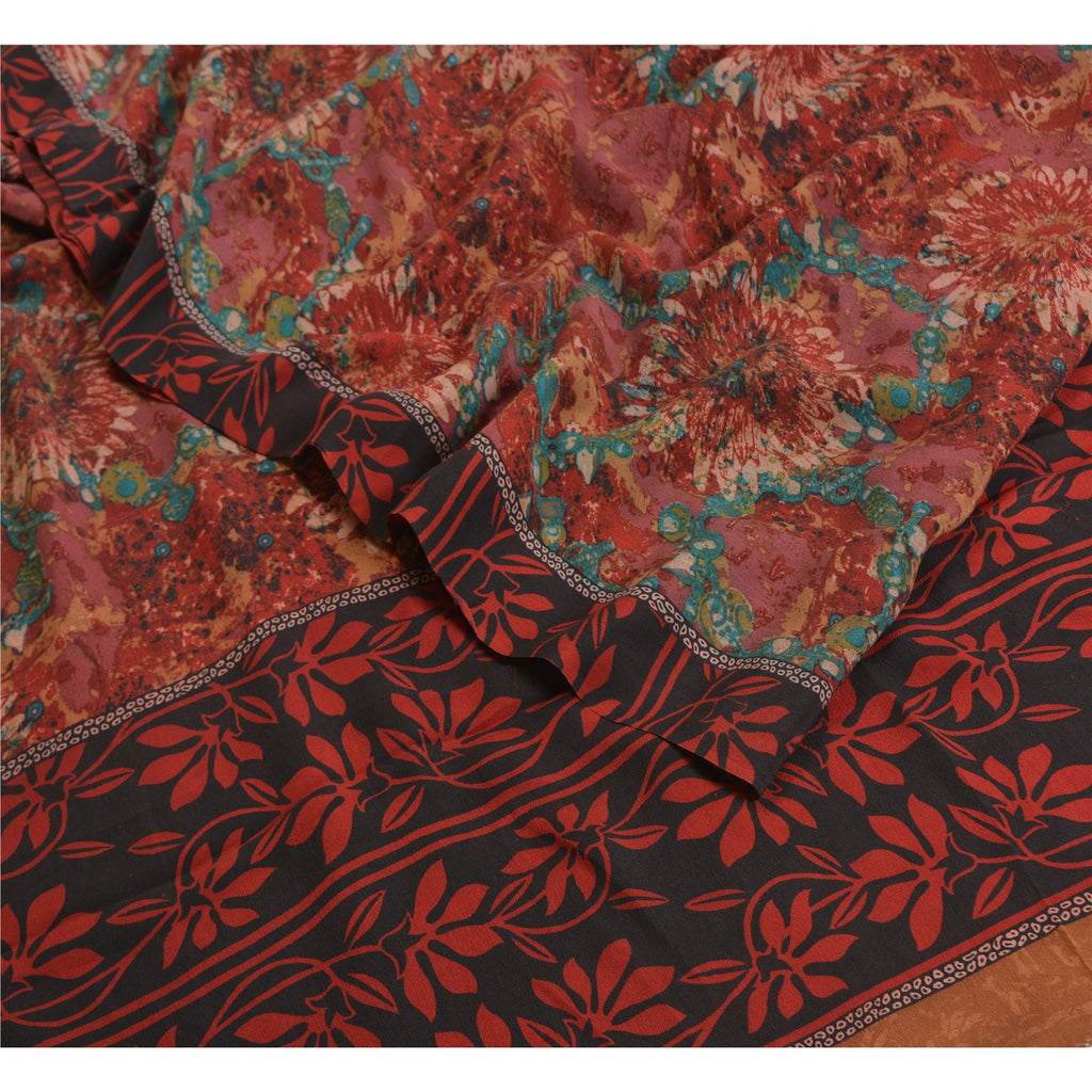 Sanskriti Vintage Sarees Red 100% Pure Crepe Silk Printed Sari Soft Craft Sustainable Fabric