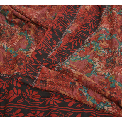 Sanskriti Vintage Sarees Red 100% Pure Crepe Silk Printed Sari Soft Craft Sustainable Fabric