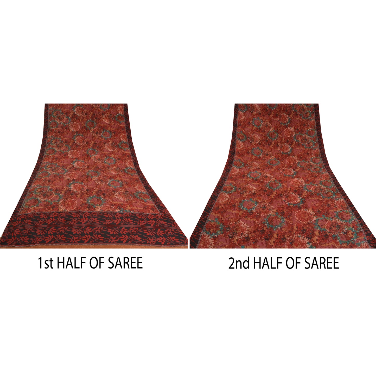 Sanskriti Vintage Sarees Red 100% Pure Crepe Silk Printed Sari Soft Craft Sustainable Fabric