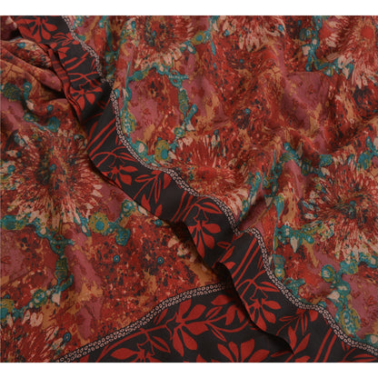Sanskriti Vintage Sarees Red 100% Pure Crepe Silk Printed Sari Soft Craft Sustainable Fabric