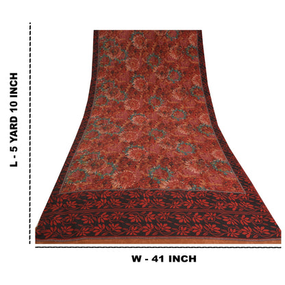 Sanskriti Vintage Sarees Red 100% Pure Crepe Silk Printed Sari Soft Craft Sustainable Fabric