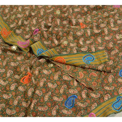 Sanskriti Vintage Sarees Green Embroidered Pure Crepe Silk Printed Sari Sustainable Fabric