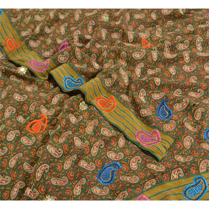 Sanskriti Vintage Sarees Green Embroidered Pure Crepe Silk Printed Sari Sustainable Fabric