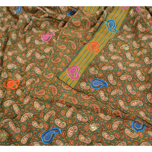 Sanskriti Vintage Sarees Green Embroidered Pure Crepe Silk Printed Sari Sustainable Fabric