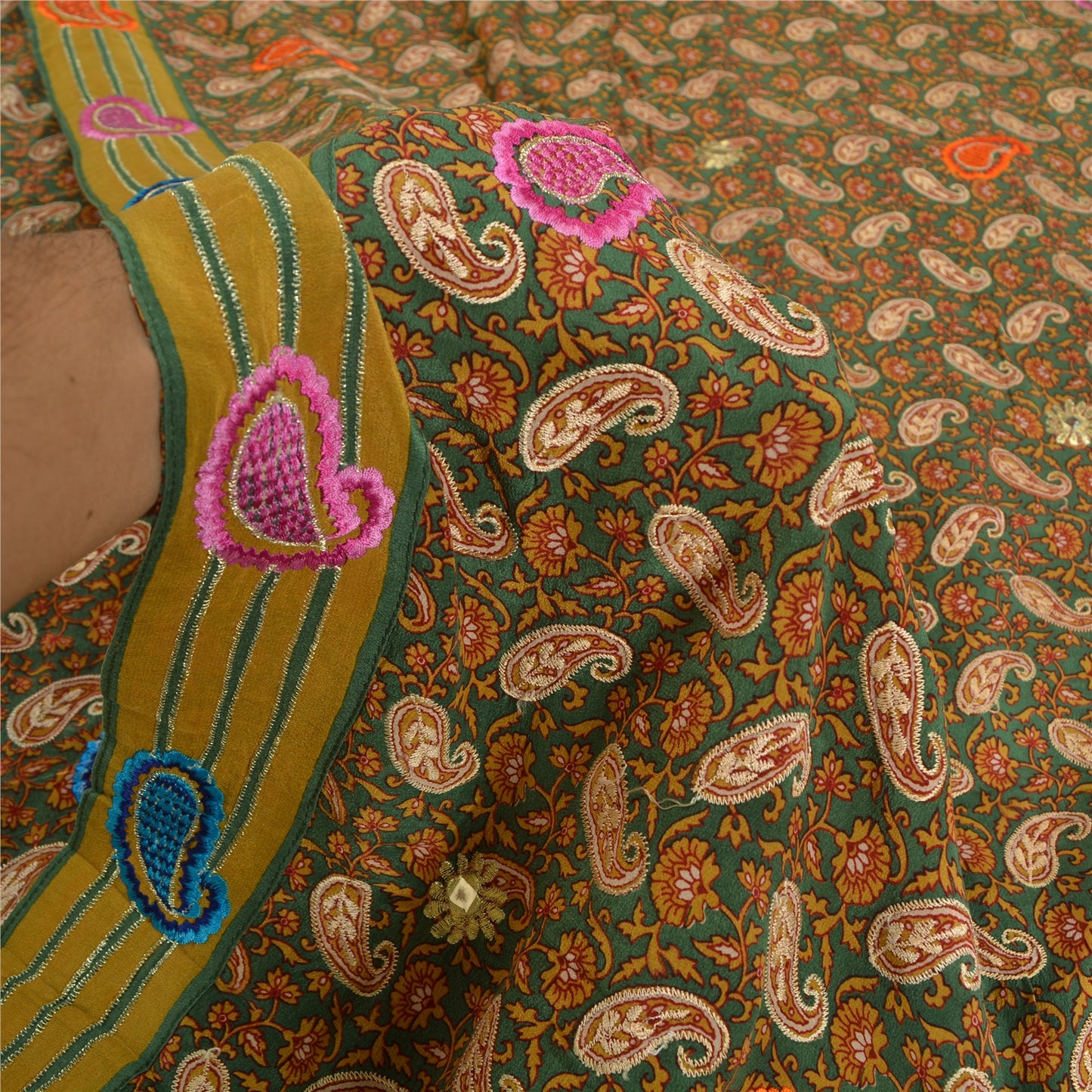 Sanskriti Vintage Sarees Green Embroidered Pure Crepe Silk Printed Sari Sustainable Fabric